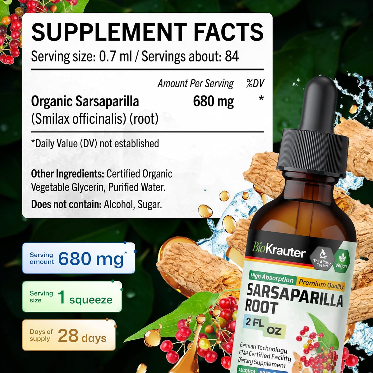 BIO KRAUTER Sarsaparilla Root Extract for Liver Support & Detoxification – Natural Tincture, 60 ml - görsel 4