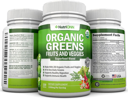 Organic Super Greens Capsules - Fruit And Vegetable Supplements - 120 Capsules - 28 Organic & Vegan Premium Ingredients - Superfood Blend For Immune Health, Digestion & Energy - Whole Food Vitamins