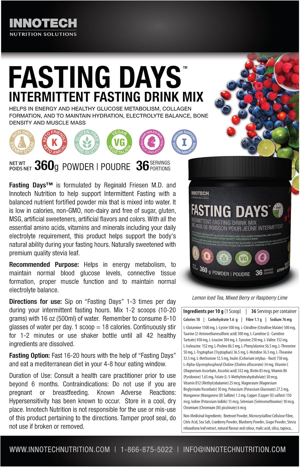 Innotech Nutrition Fasting Days Intermittent Fasting Drink Mix Metabolic & Electrolyte Support 42 Essential Ingredients Mixed Berry 360g - görsel 4