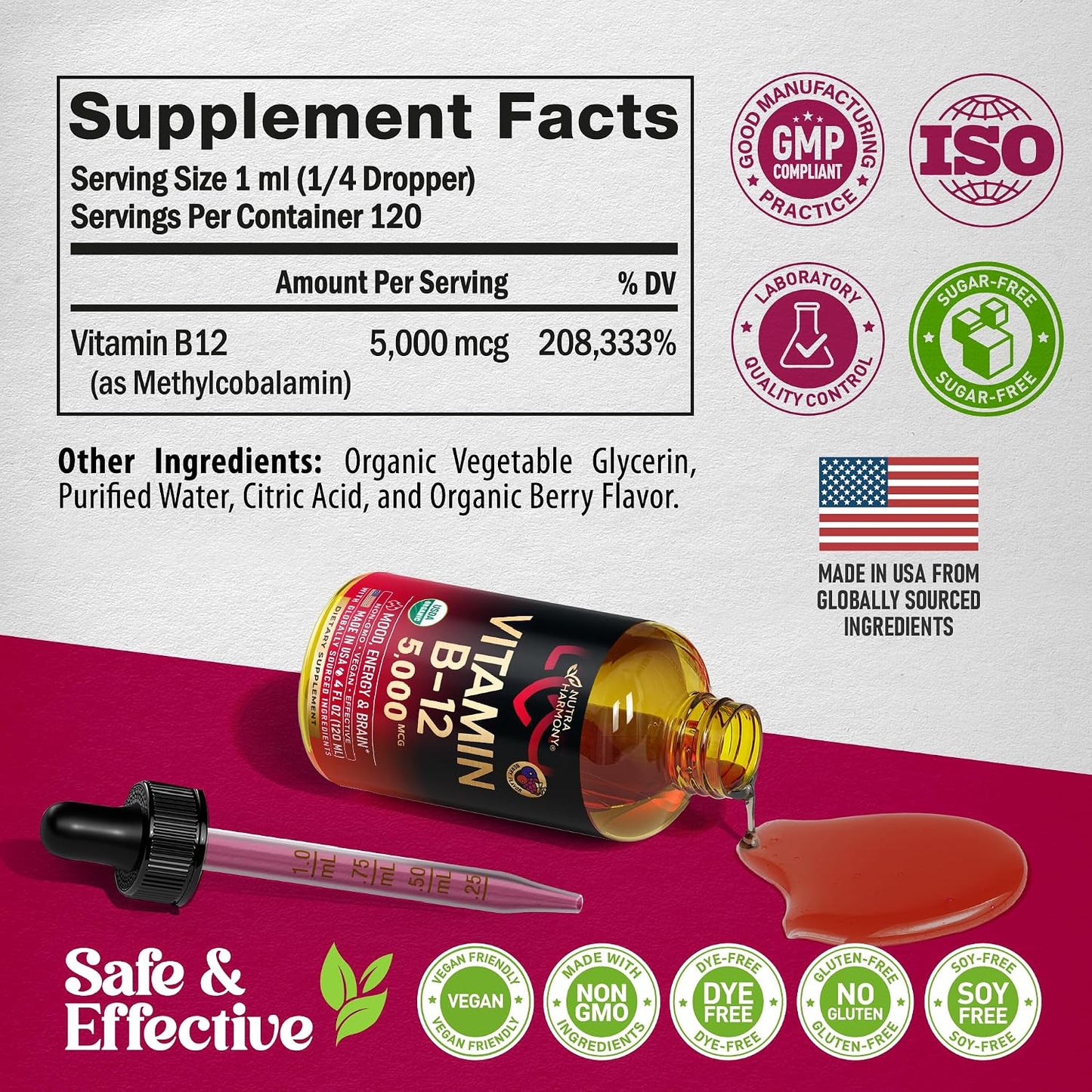 USDA Organic Vitamin B12 Sublingual Drops - 5000mcg Liquid Methylcobalamin for Women & Men - Energy, Focus, Mood & Brain Health - 4 Month Supply - görsel 7