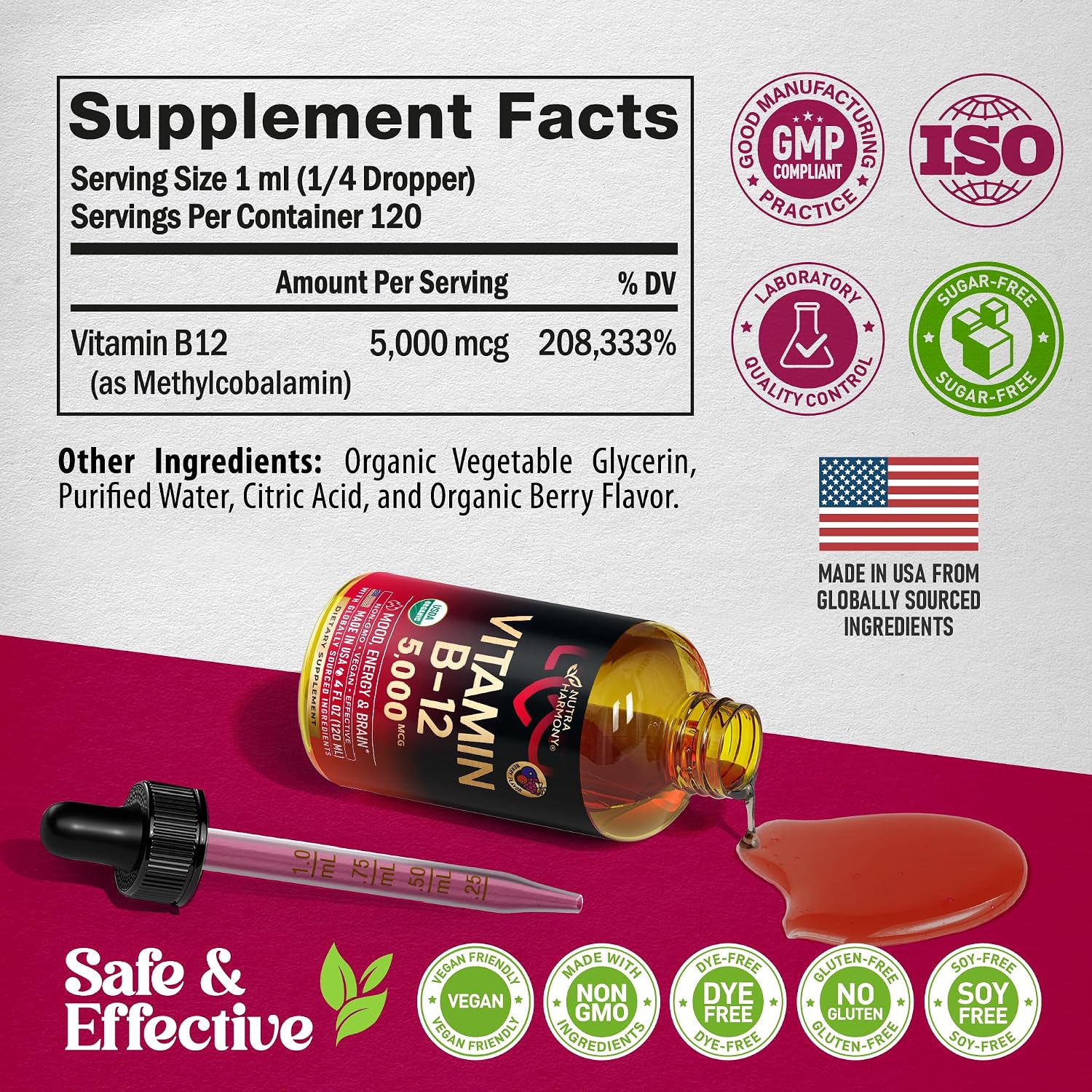 USDA Organic Vitamin B12 Sublingual Drops - 5000mcg Liquid Methylcobalamin for Women & Men - Energy, Focus, Mood & Brain Health - 4 Month Supply - görsel 7