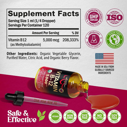 USDA Organic Vitamin B12 Sublingual Drops - 5000mcg Liquid Methylcobalamin for Women & Men - Energy, Focus, Mood & Brain Health - 4 Month Supply