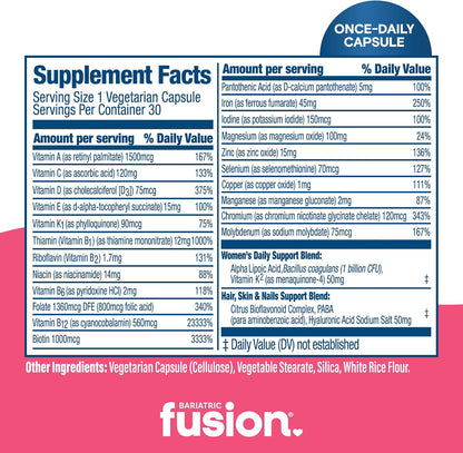 Bariatric Fusion Bariatric Multivitamin with Iron for Women – Hair, Skin & Nails Blend – 30 Capsules (1 Month)