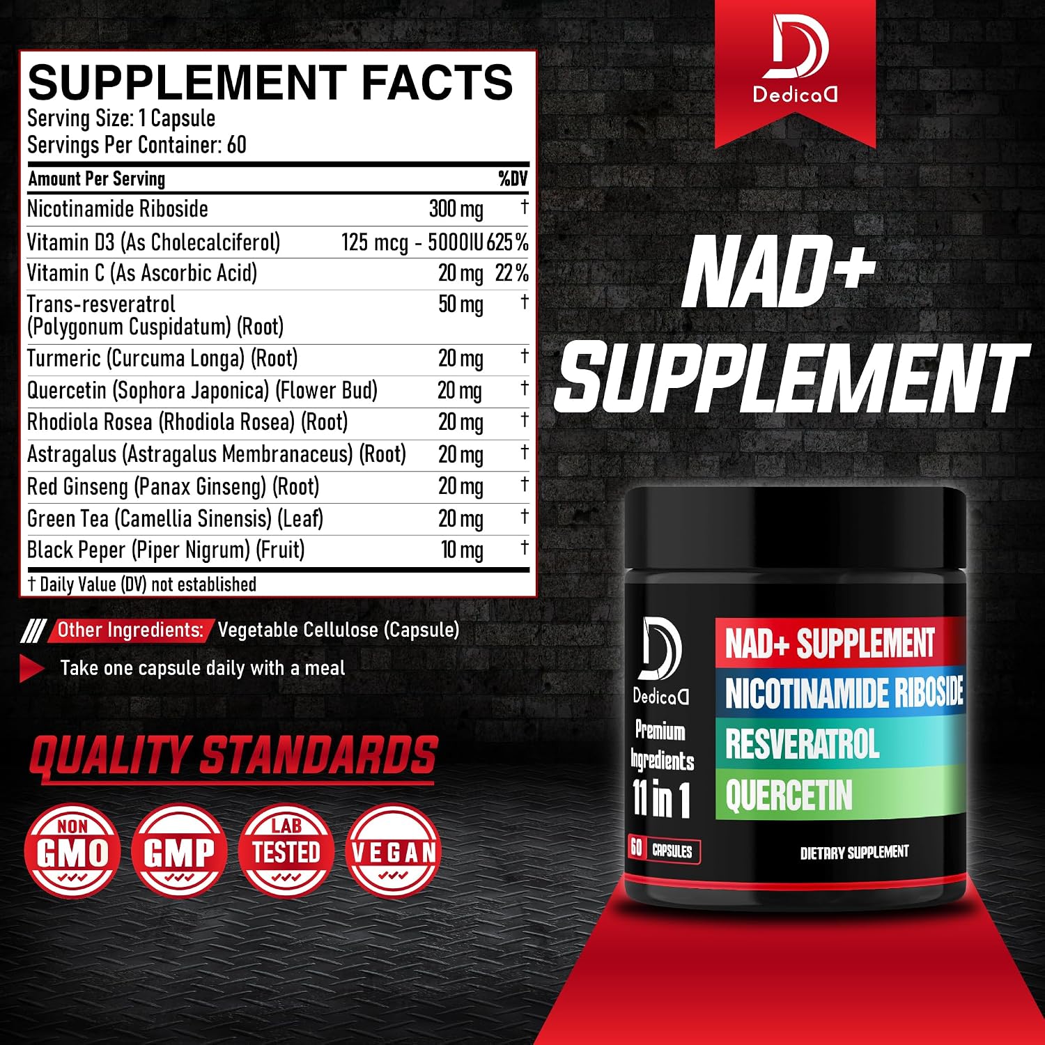 DEDICAD 11in1 NAD+ Supplement with Nicotinamide Riboside, Quercetin, Resveratrol and 8 More - 2 Month Supply - görsel 2