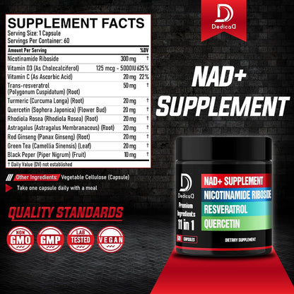 DEDICAD 11in1 NAD+ Supplement with Nicotinamide Riboside, Quercetin, Resveratrol and 8 More - 2 Month Supply