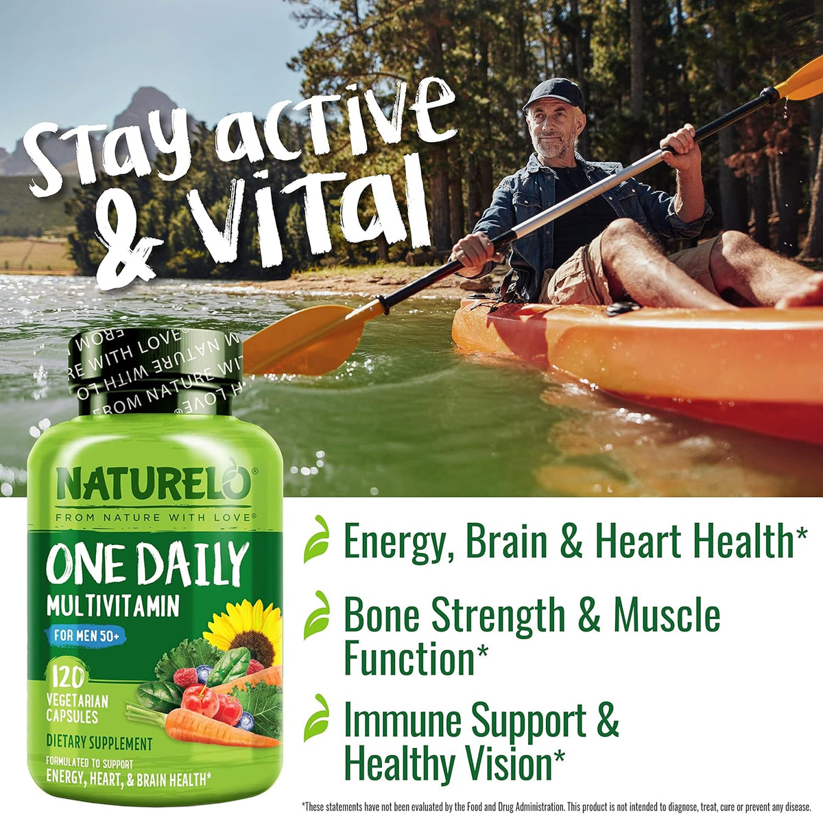 NATURELO Men's Multivitamin for Men 50+ - One Daily Multivitamin with Vitamins, Minerals & Organic Whole Foods, Boosts Energy & Health, Non-GM, 120 Vegetarian Capsules - görsel 2
