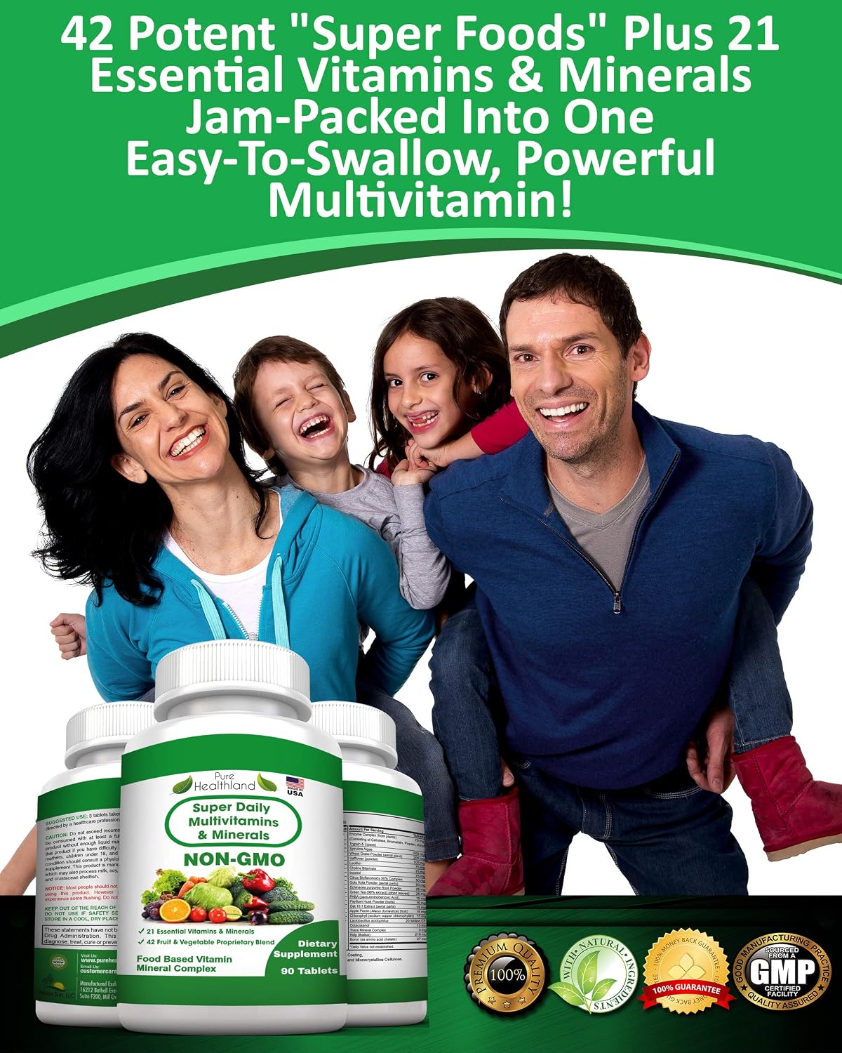 Pure Healthland Non-GMO Super Daily Multivitamin for Adults – 42 Natural Fruits & Vegetables Blend with 21 Essential Vitamins & Minerals – Vegan Coating Tablets, 90 Count, Made in USA - görsel 6