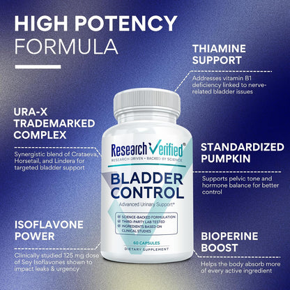 Research Verified Bladder Control - Leakage & Urgency - Pumpkin Seed, Soya Isoflavones, Thiamine - 60 Vegan Capsules - Pack of 3