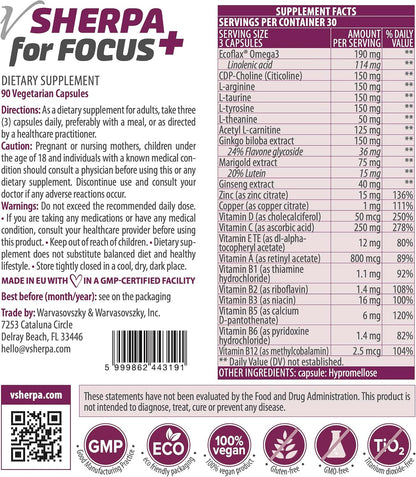 vSherpa for Focus+ Premium Nootropic Supplement - Brain Health & Cognitive Support - 90 Vegan Capsules
