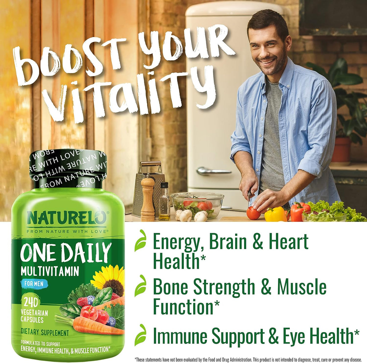 NATURELO Men's Multivitamin - One Daily Multivitamin with Vitamins, Minerals and Organic Whole Foods, Non-GMO, 240 Vegetarian Capsules - görsel 2