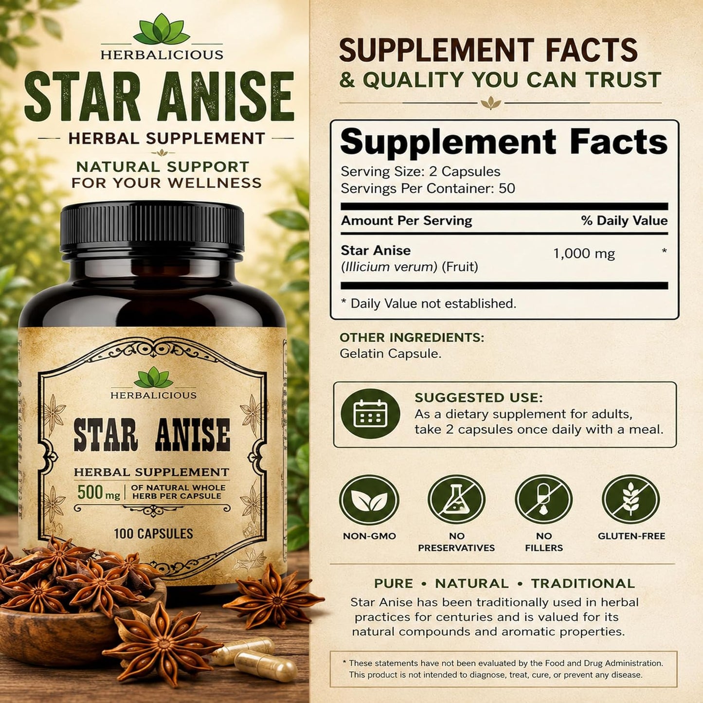 HERBALICIOUS Organic Star Anise Supplement – 100 Capsules – 1000mg - görsel 6