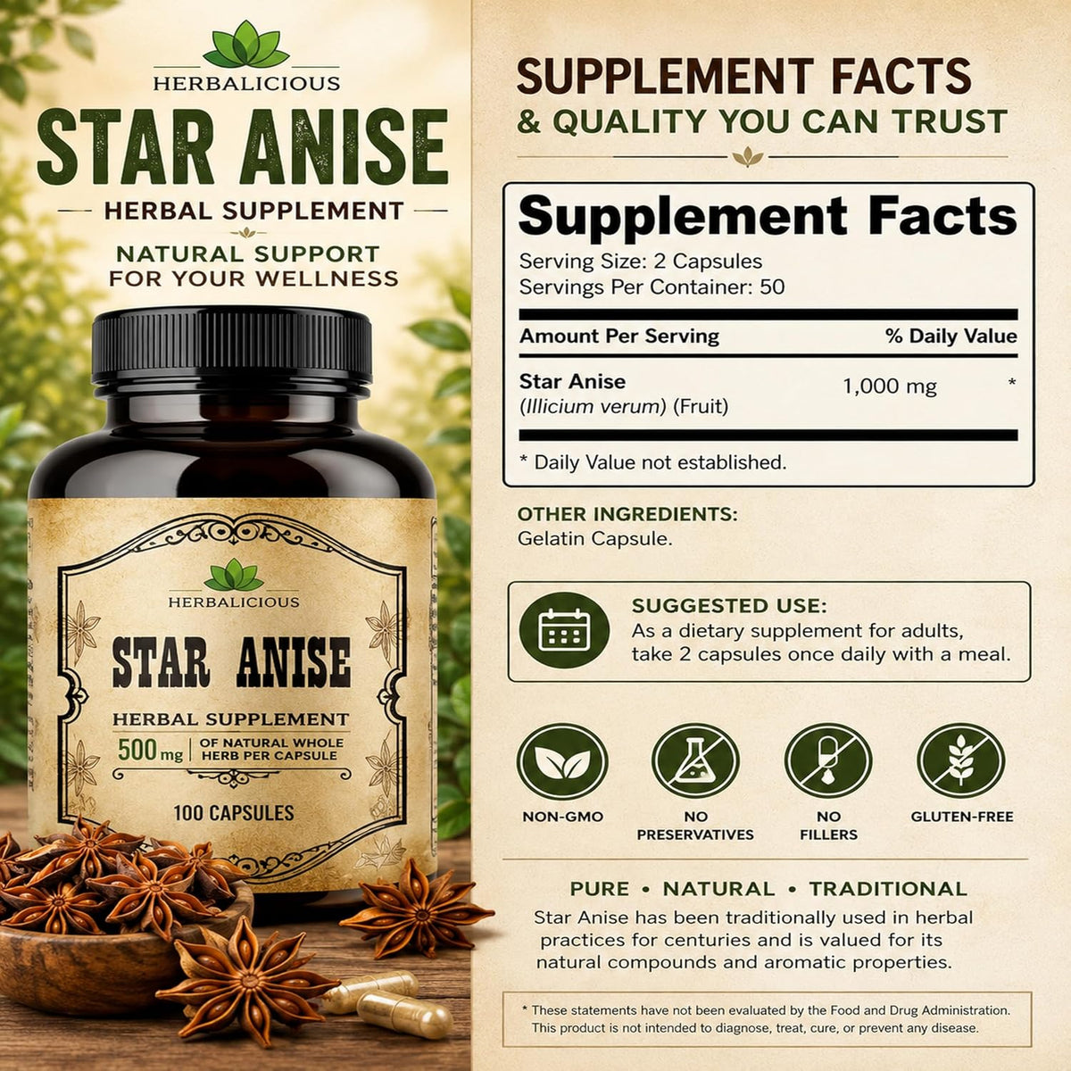 HERBALICIOUS Organic Star Anise Supplement – 100 Capsules – 1000mg - görsel 6