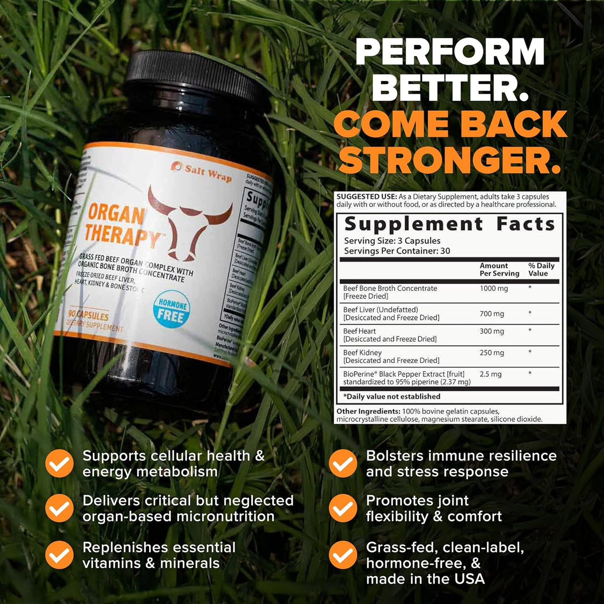 SaltWrap Organ Therapy - Grass Fed Beef Organ Meat Complex Supplement with Organic Bone Broth Concentrate (Beef Liver, Heart, Kidney and Bone Broth Capsules with BioPerine) Desiccated, 90 Capsules - görsel 7