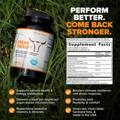 SaltWrap Organ Therapy - Grass Fed Beef Organ Meat Complex Supplement with Organic Bone Broth Concentrate (Beef Liver, Heart, Kidney and Bone Broth Capsules with BioPerine) Desiccated, 90 Capsules