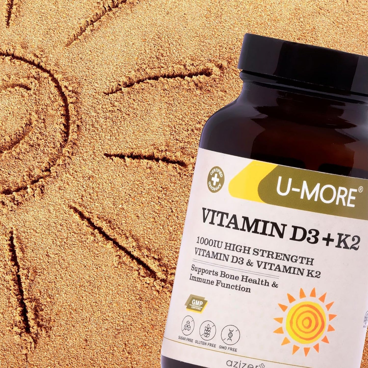 U-MORE - 1000 IU High Strength Vitamin D3 & Vitamin K2 (Menaquinone-7) - Sugar Free - Supports Bone Strength & Immune Function - 60 Soft gel capsules - görsel 4
