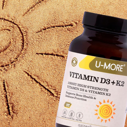 U-MORE - 1000 IU High Strength Vitamin D3 & Vitamin K2 (Menaquinone-7) - Sugar Free - Supports Bone Strength & Immune Function - 60 Soft gel capsules