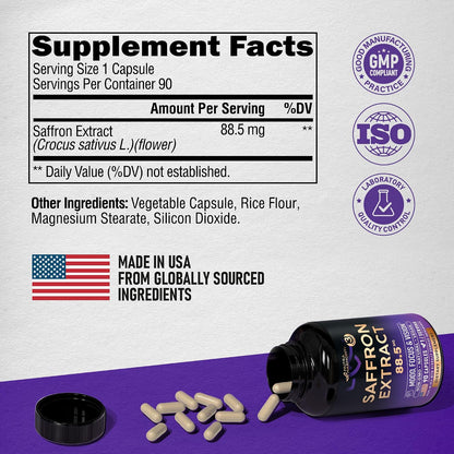 NUTRAHARMONY Pure Saffron Extract 88.5 mg – Mood, Focus & Eye Health Supplement – 90 Capsules