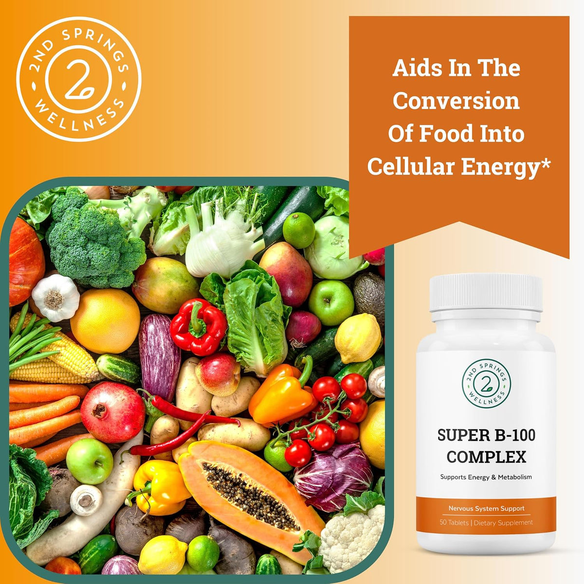 2nd Springs Super B-100 Complex - High Potency B Vitamin with B-6, B-12, Folate, Niacin, Biotin, Choline, Inositol and PABA for Energy and Metabolism support - görsel 2