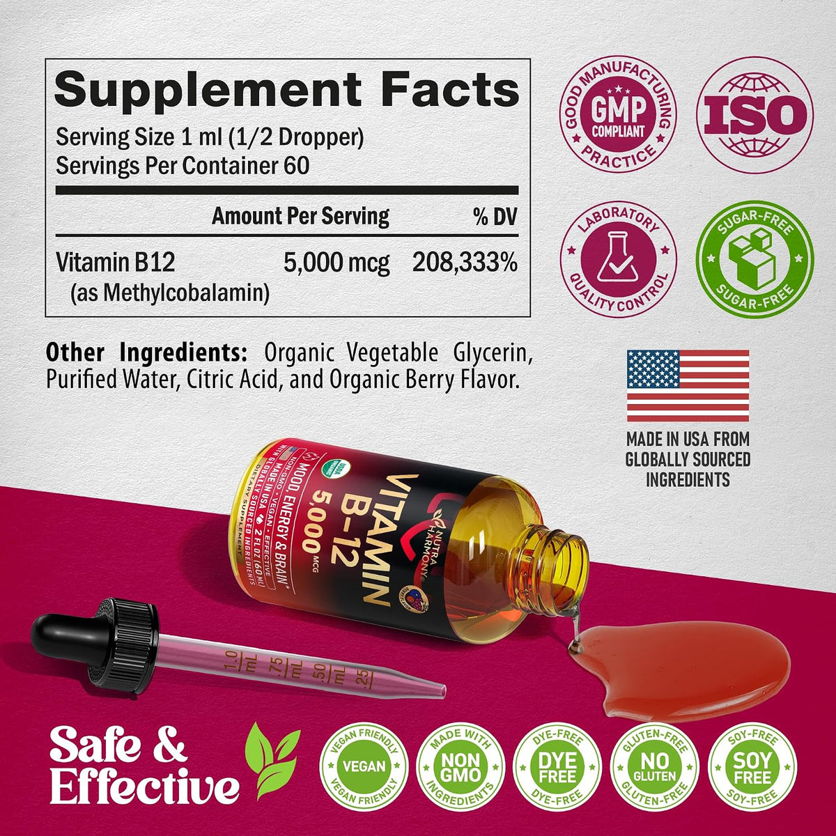 NUTRAHARMONY Organic Vitamin B12 Sublingual Drops - 5000 mcg Methylcobalamin, Natural Berry Flavour, 60 ml (2-Month Supply) - görsel 8