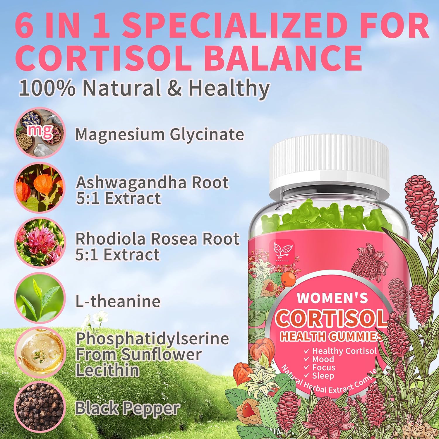 Cortisol Gummies for Women – Ashwagandha, Magnesium, L-Theanine & Rhodiola – Vegan (180 Gummies) - görsel 4