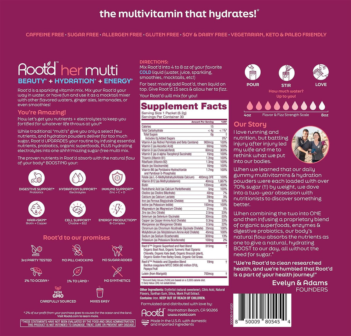 Root'd Multivitamin Powder for Women - 25 Vitamins & Minerals with 3X Electrolytes, 9 Organic Superfoods, Probiotics & Enzymes, Sugar-Free Multivitamin & Hydration | 30 Vitamin Drink Mix Packets - görsel 3