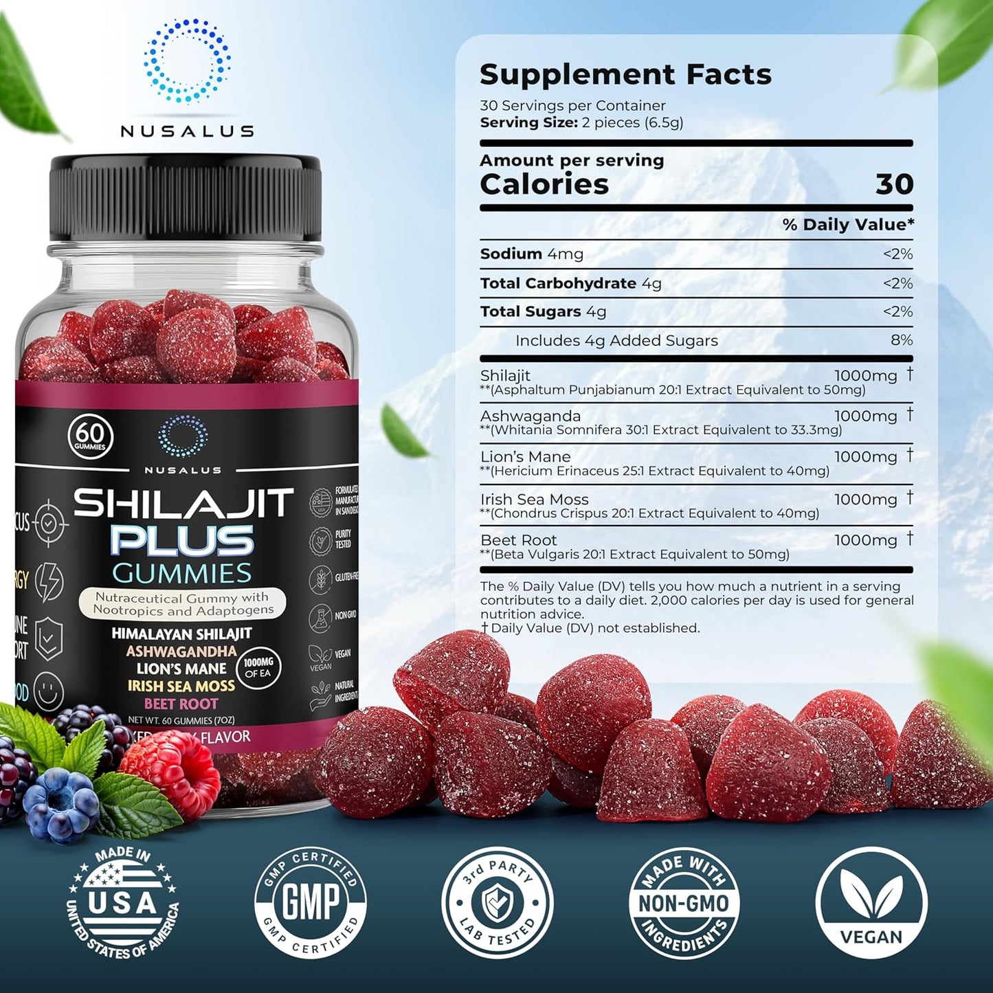 Nusalus Shilajit Plus Gummies – 5-in-1 Adaptogen Energy & Focus Supplement (60 Count) - görsel 7