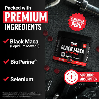 Force Factor Black Maca Gummies – Energy and Vitality Food Supplement with BioPerine and Selenium, 60 Gummies