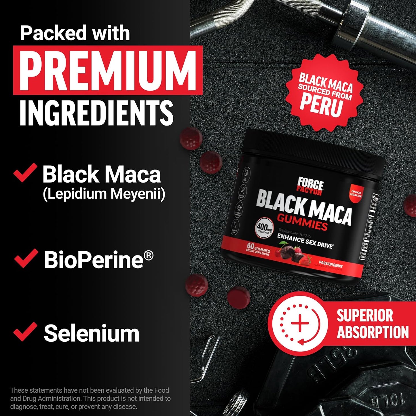 Force Factor Black Maca Gummies, 2-Pack, Black Maca Root to Enhance Male Vitality, Increase Energy & Strength, with BioPerine for Superior Absorption, Delicious Passion Berry Flavour, 120 Gummies - görsel 3