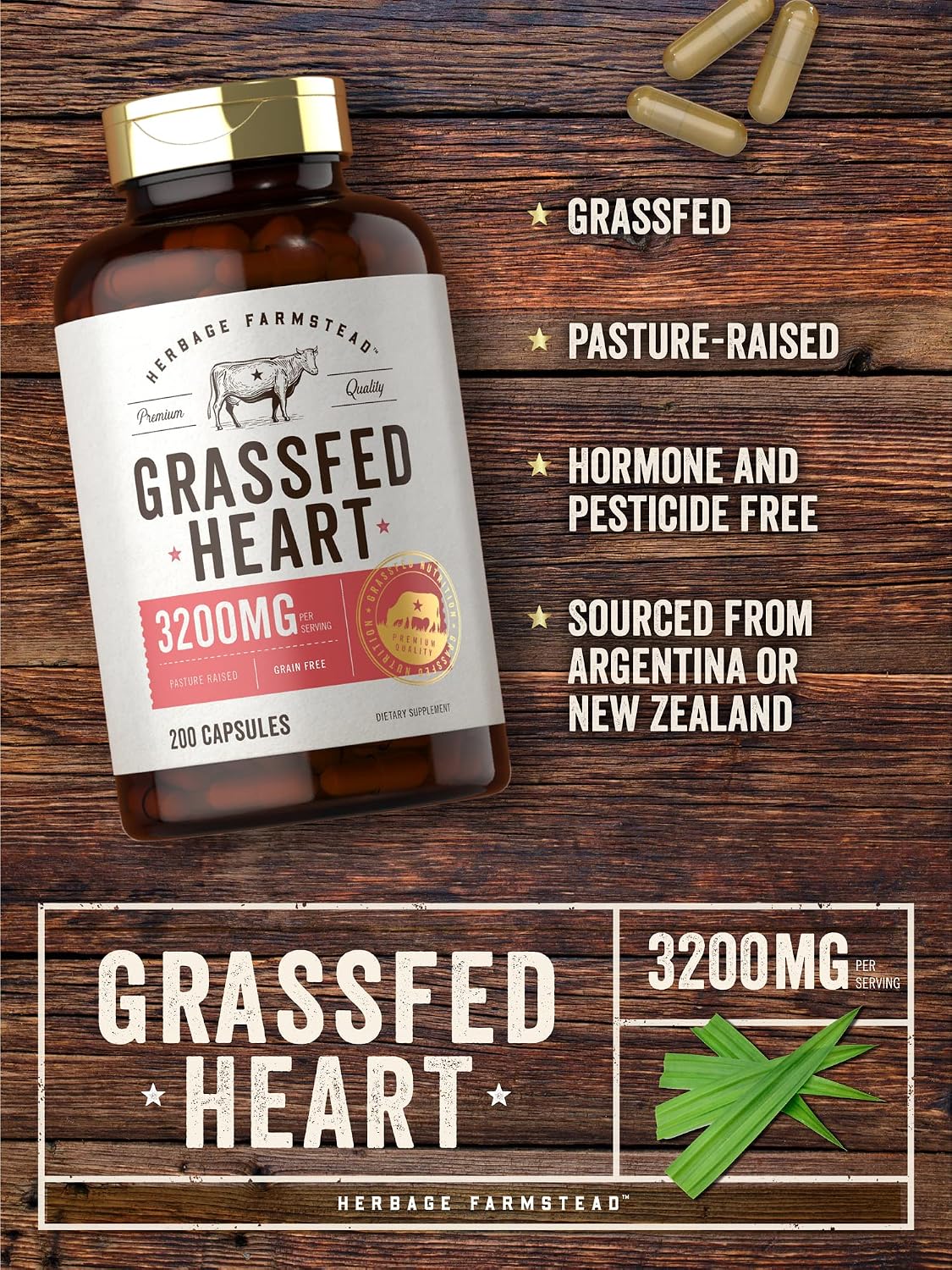 Carlyle Grass Fed Beef Heart Supplement - 3200mg - 200 Count - Desiccated Pasture Raised Bovine Capsules - Non-GMO, Gluten-free - görsel 3