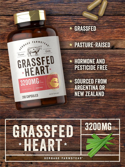Carlyle Grass Fed Beef Heart Supplement - 3200mg - 200 Count - Desiccated Pasture Raised Bovine Capsules - Non-GMO, Gluten-free