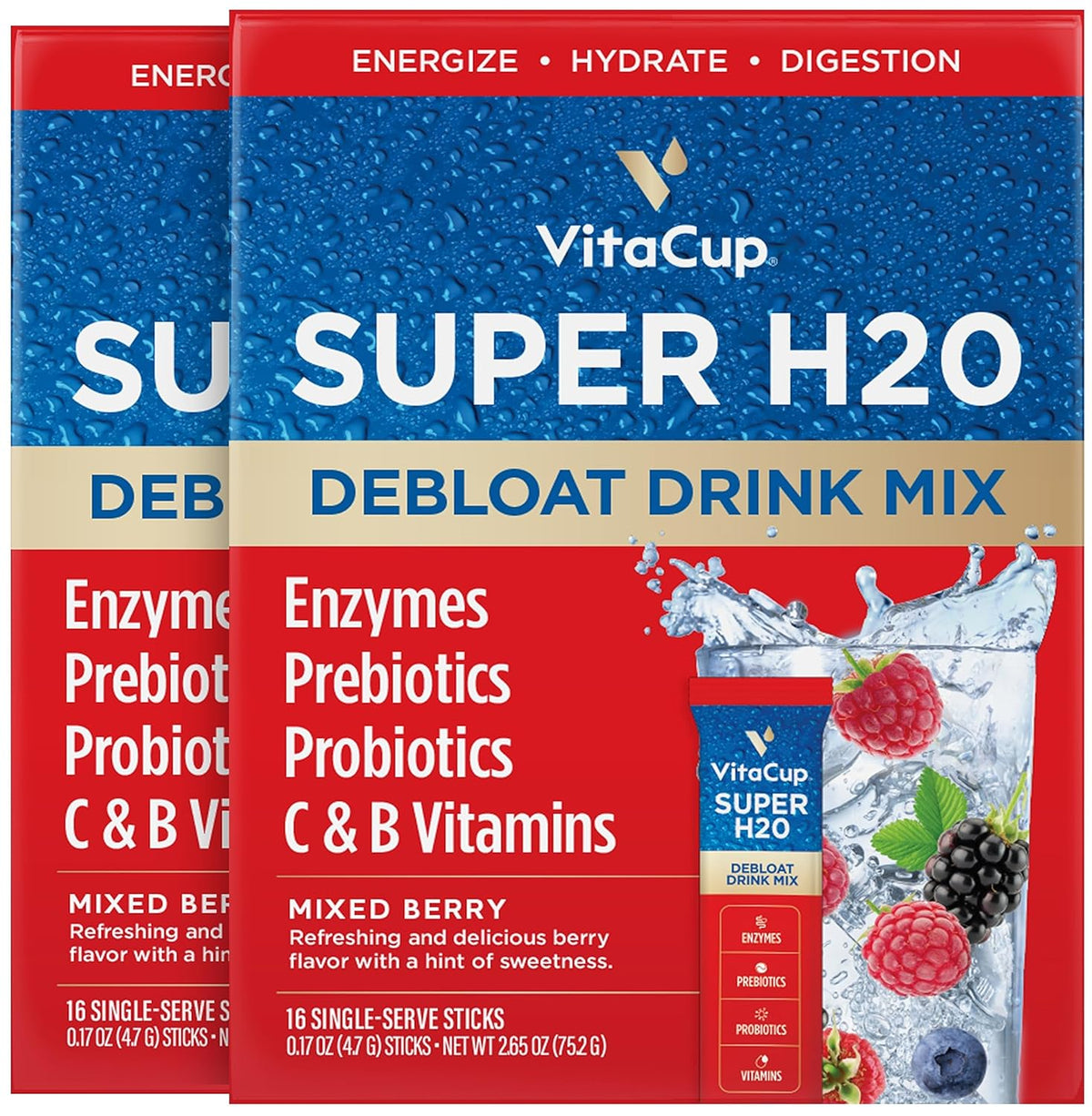 VitaCup Super H2O Bloating Relief and Digestive Health Drink Mix, Mixed Berry, 32 Packets – Image 1