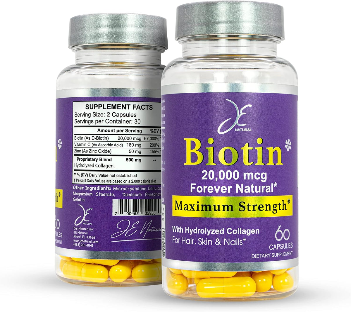 JE Natural Biotin 20,000 mcg Maximum Strength with Vitamin C and Collagen - Hair, Skin and Nails Support - 60 Capsules - görsel 1
