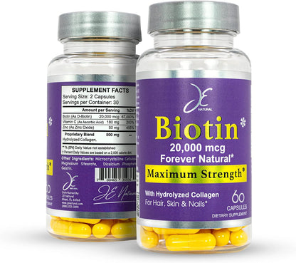 JE Natural Biotin 20,000 mcg Maximum Strength with Vitamin C and Collagen - Hair, Skin and Nails Support - 60 Capsules