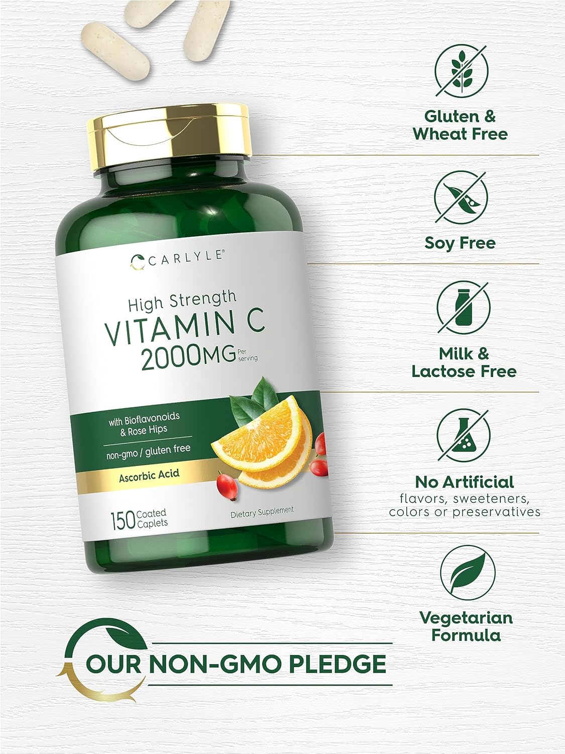 Carlyle Vitamin C 2000mg with Rose Hips - 150 Caplets | Vegetarian, Non-GMO, Gluten-free - görsel 4