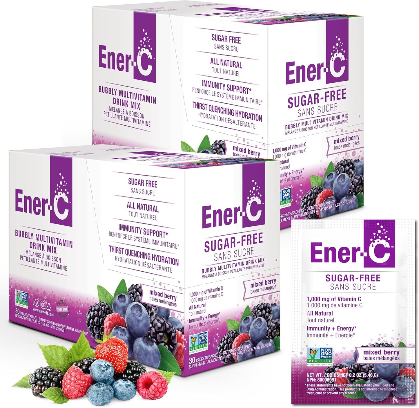 Ener-C Sugar Free Multivitamin Drink Mix, No Sugar - Mixed Berry, 60 Packets - görsel 1