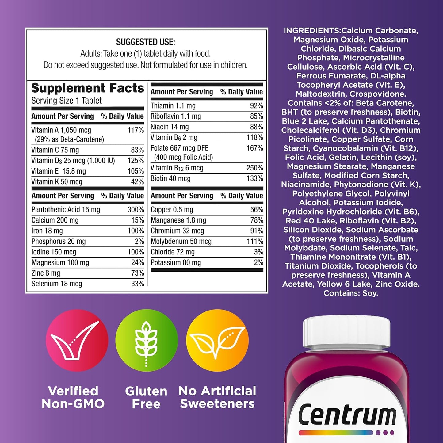 Centrum Multivitamin for Women, Multivitamin/Multimineral Supplement with Iron, Vitamin D3, B Vitamins and Antioxidant Vitamins C and E, Gluten-free, Non-GM Ingredients - 65 Tablets - görsel 8
