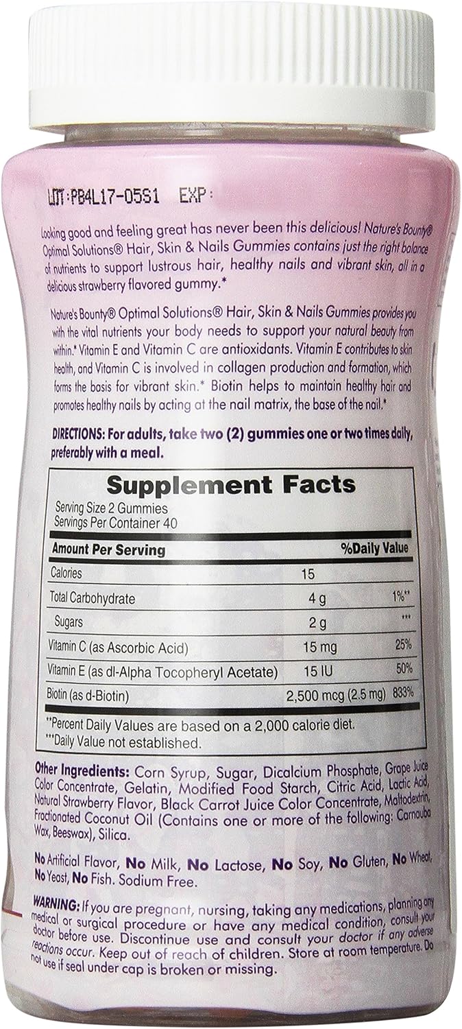 Nature's Bounty Optimal Solutions, Hair, Skin & Nails Gummies with Biotin, 80 Gummies (Pack of 2) – Image 2