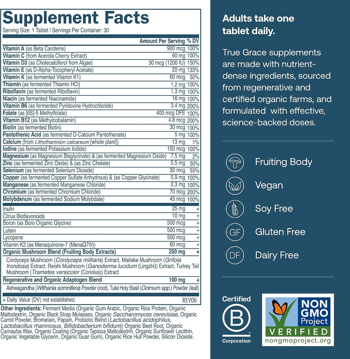 True Grace One Daily Men’s Multivitamin – With Fermented Minerals, Organic Adaptogens & Mushrooms – 30 Vegan Tablets – Image 2