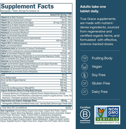 True Grace One Daily Men’s Multivitamin – With Fermented Minerals, Organic Adaptogens & Mushrooms – 30 Vegan Tablets – Image 2