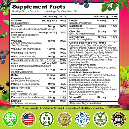 Women's Daily Multivitamin with Iron – Vegan Methylated Multivitamin with Biotin, Organic Superfoods, Probiotics, B-Complex