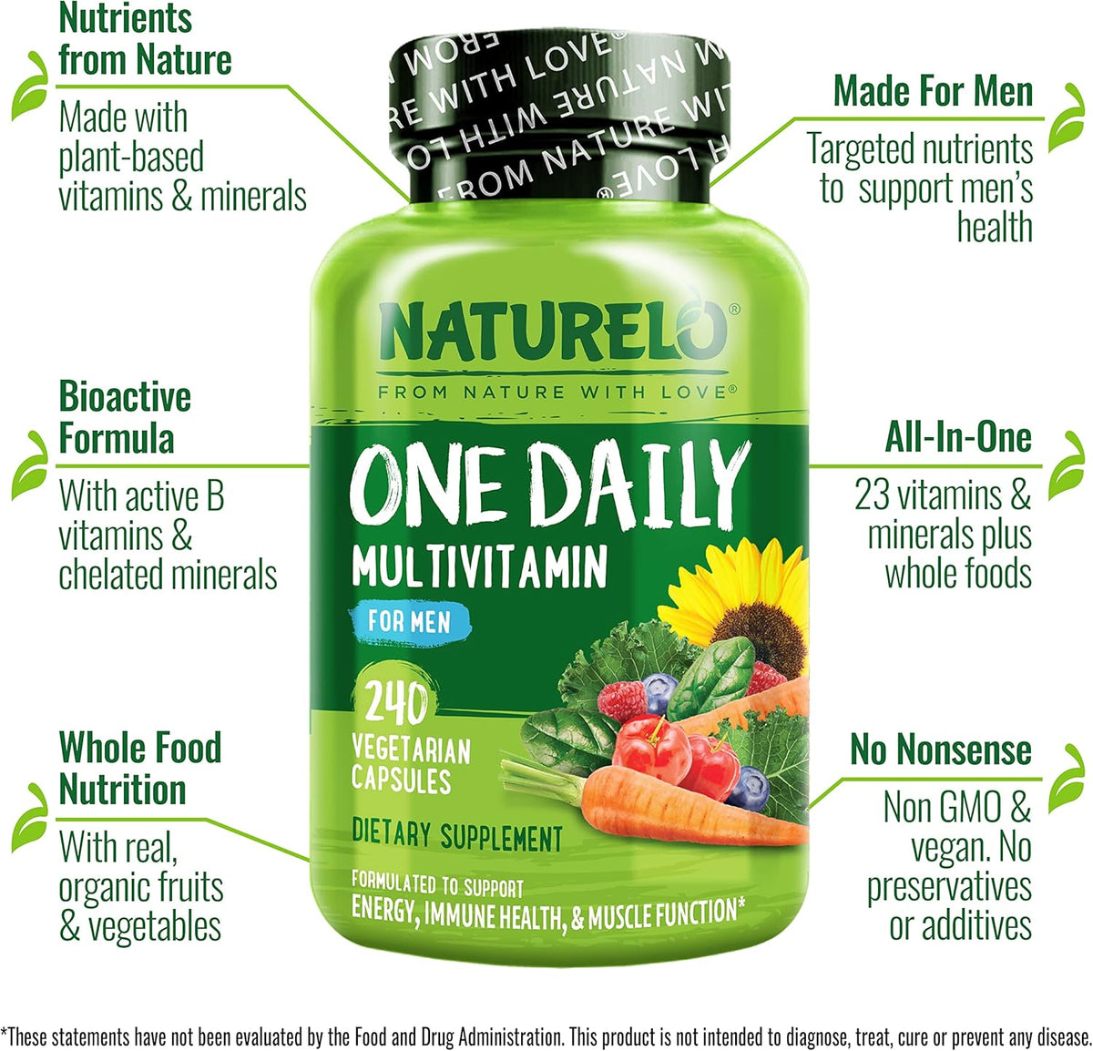 NATURELO Men's Multivitamin - One Daily with Organic Whole Foods, Non-GMO, 240 Capsules - görsel 4