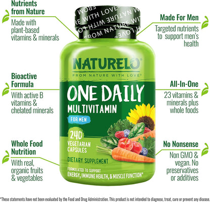 NATURELO Men's Multivitamin - One Daily with Organic Whole Foods, Non-GMO, 240 Capsules