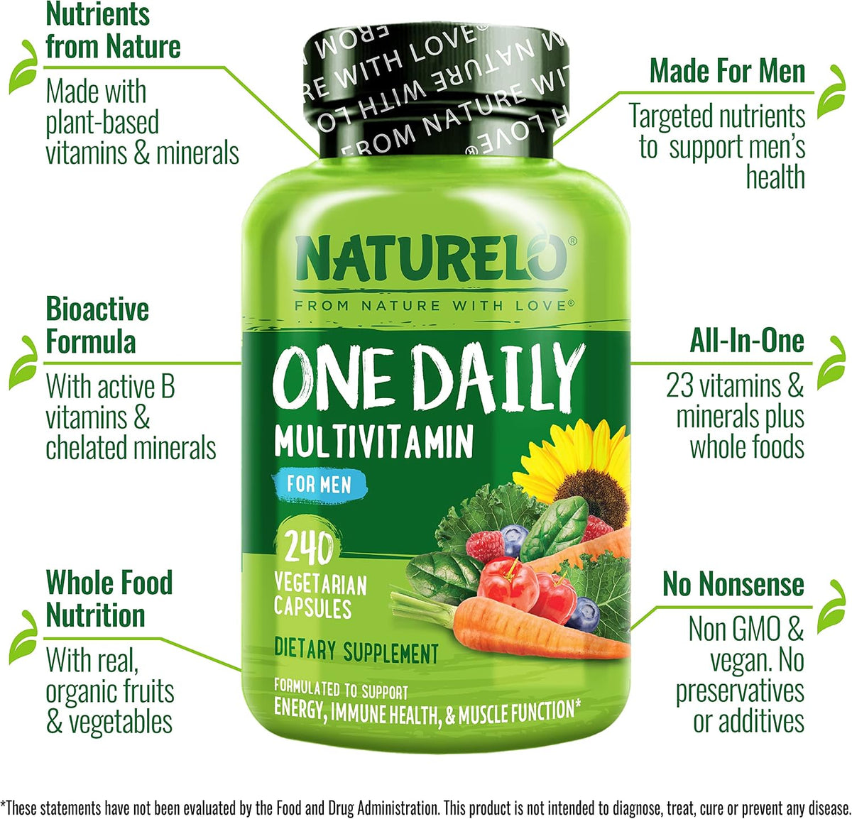NATURELO Men's Multivitamin - One Daily Multivitamin with Vitamins, Minerals and Organic Whole Foods, Non-GMO, 240 Vegetarian Capsules - görsel 4