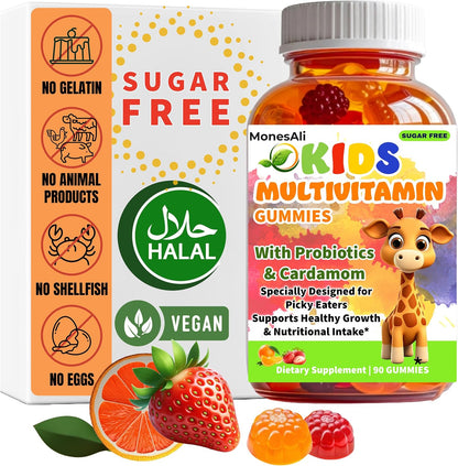 Kids Multivitamin Gummies with Magnesium & Probiotics - Vegan, Gelatin-Free, Halal, Orange & Strawberry Flavours, 90 Count