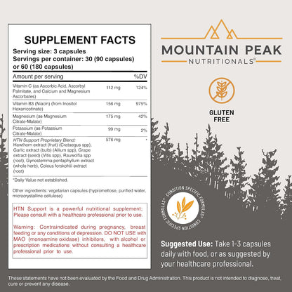 Mountain Peak Nutritionals HTN Support Supplement for Heart & Circulation Health - Advanced Formula with Rauwolfia, Hawthorn Berry, and Magnesium (90 Vegetarian Capsules)