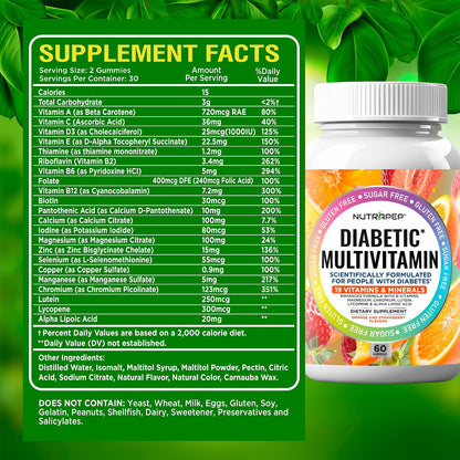 NutraPep Premium Diabetic Multivitamin Chewable Gummies for Women & Men – Sugar-Free & Gluten-Free