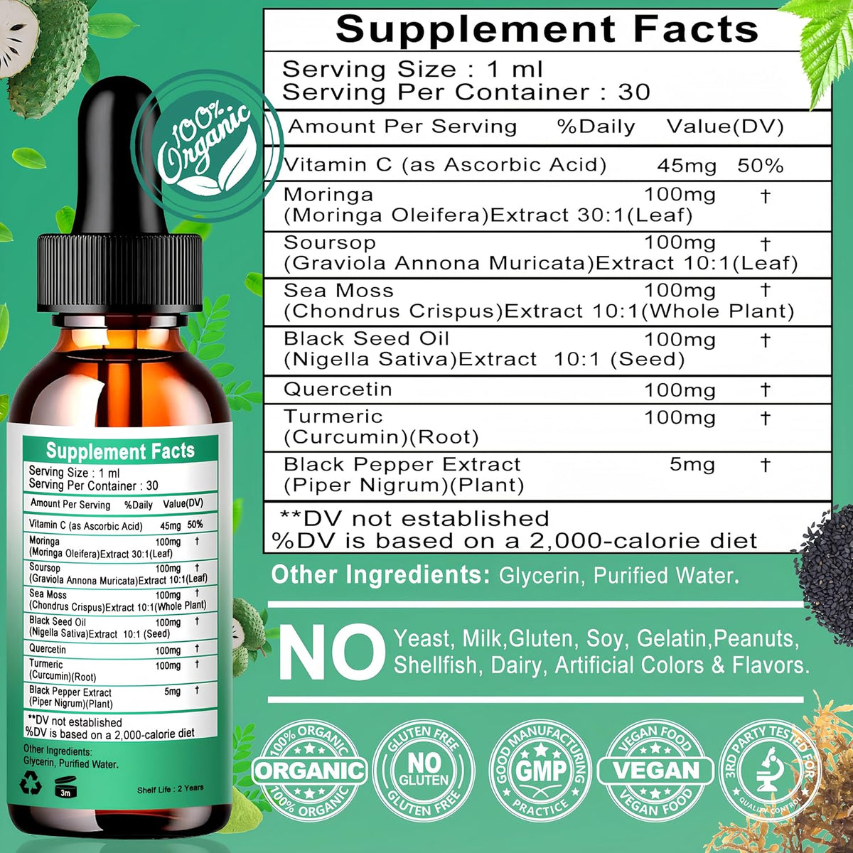Moringa Drops: Pure Moringa Oleifera Liquid Extract with Soursop, Sea Moss, Black Seed Oil, Quercetin & Turmeric - Superfood Blend for Energy and Immune Support (30 Servings) - görsel 6