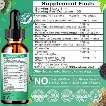 Moringa Drops: Pure Moringa Oleifera Liquid Extract with Soursop, Sea Moss, Black Seed Oil, Quercetin & Turmeric - Superfood Blend for Energy and Immune Support (30 Servings)
