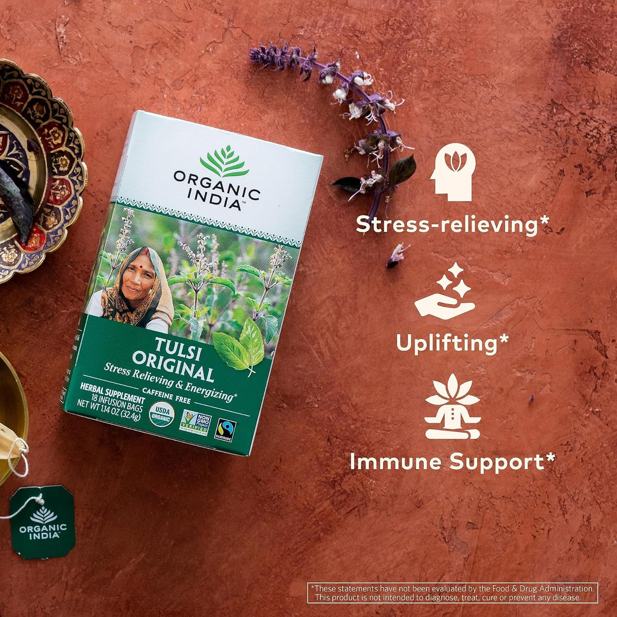 ORGANIC INDIA Tulsi Original Herbal Tea - Holy Basil & African Basil, For Relaxation, Traditional Immune Support, Organic, Non-GMO, Caffeine-Free - 18 Infusion Bags, 3 Pack - görsel 4