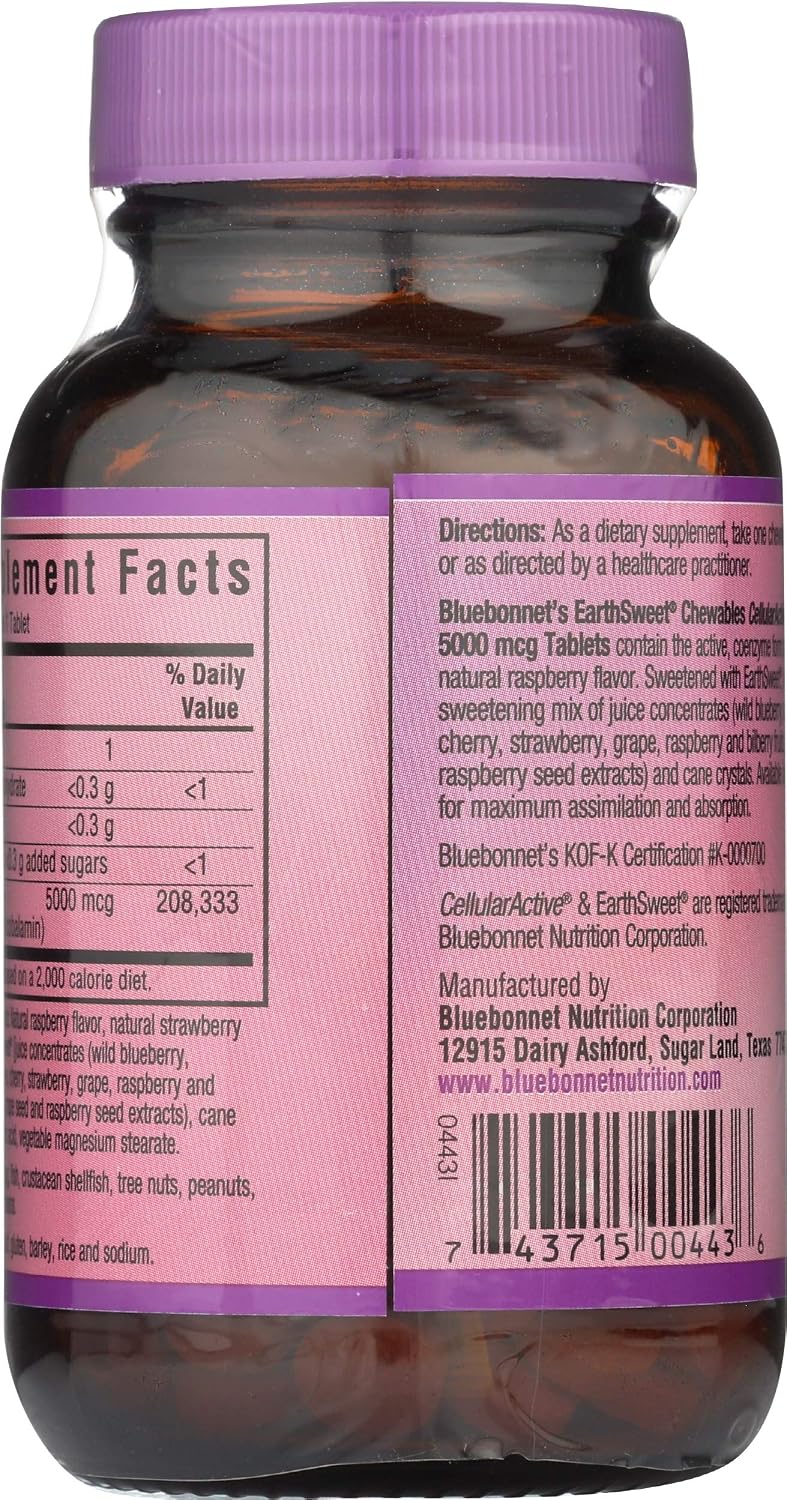 BlueBonnet Nutrition Earth Sweet® Chewables, CellularActive® Methylcobalamin, Raspberry, 5,000 mcg, 60 Chewable Tablets - görsel 2